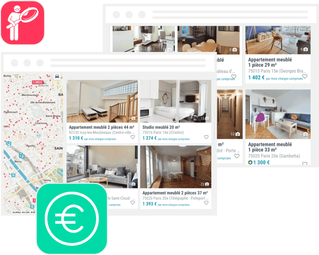 La sous location : Des fenêtres de navigateur web ouvertes sur des sites d'annonces de location meublée, illustrant notre recherche active de biens pour la sous-location. Découvrez notre service de sous-location, garantissant vos revenus à 100 %, sans vacances locatives ni frais annexes. Confiez-nous la gestion de votre bien et bénéficiez d'une tranquillité d'esprit totale